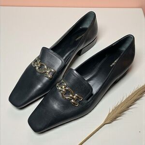 Reformation Black Leather Chain-Trim Loafers